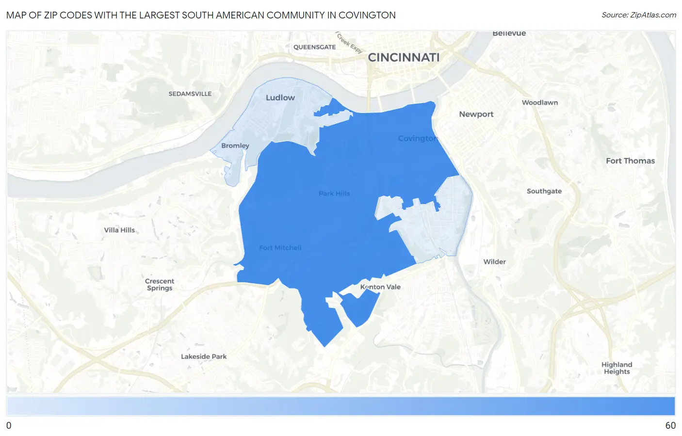 Zip Codes with the Largest South American Community in Covington Map