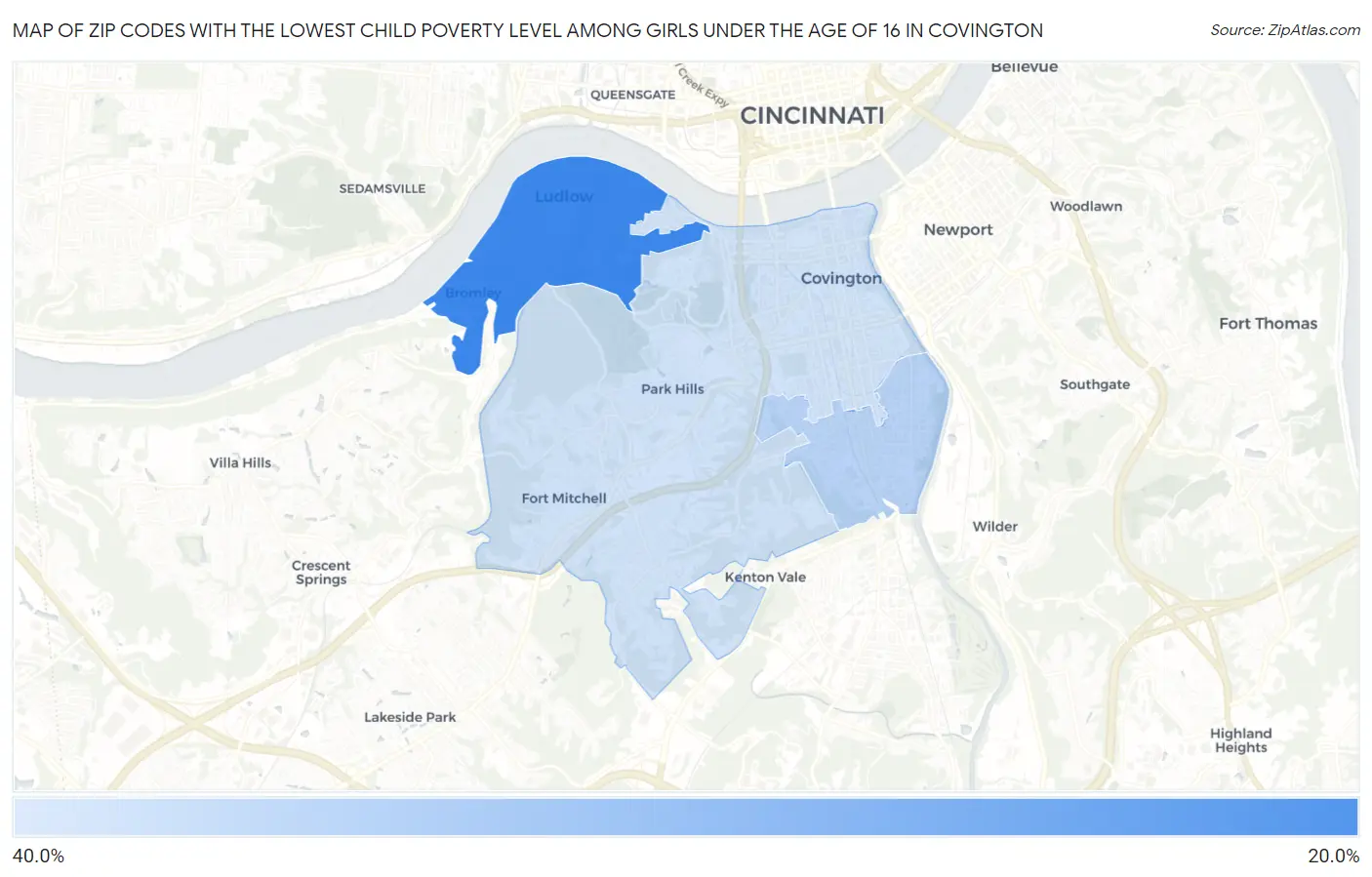 Zip Codes with the Lowest Child Poverty Level Among Girls Under the Age of 16 in Covington Map