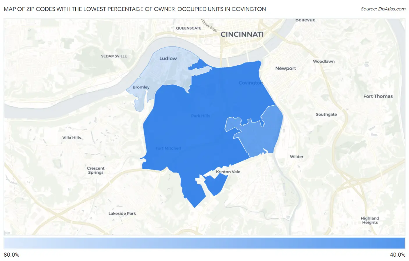 Zip Codes with the Lowest Percentage of Owner-Occupied Units in Covington Map