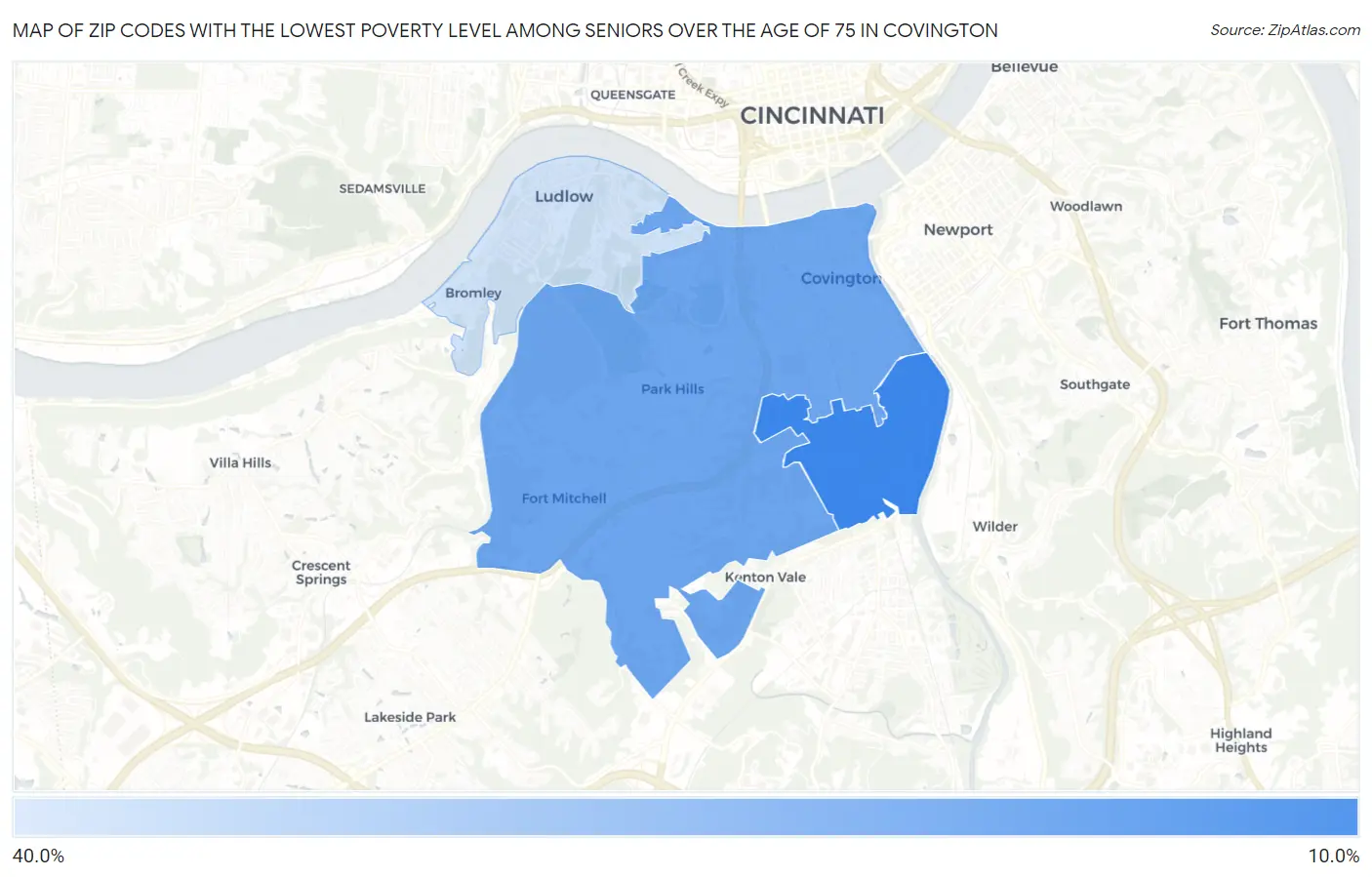 Zip Codes with the Lowest Poverty Level Among Seniors Over the Age of 75 in Covington Map