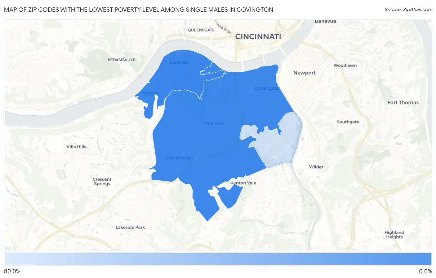 Zip Codes with the Lowest Poverty Level Among Single Males in Covington Map