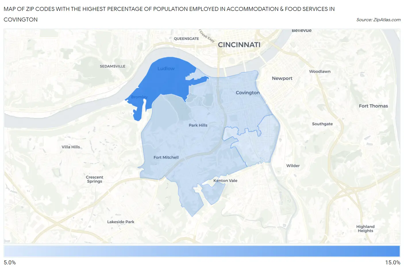 Zip Codes with the Highest Percentage of Population Employed in Accommodation & Food Services in Covington Map