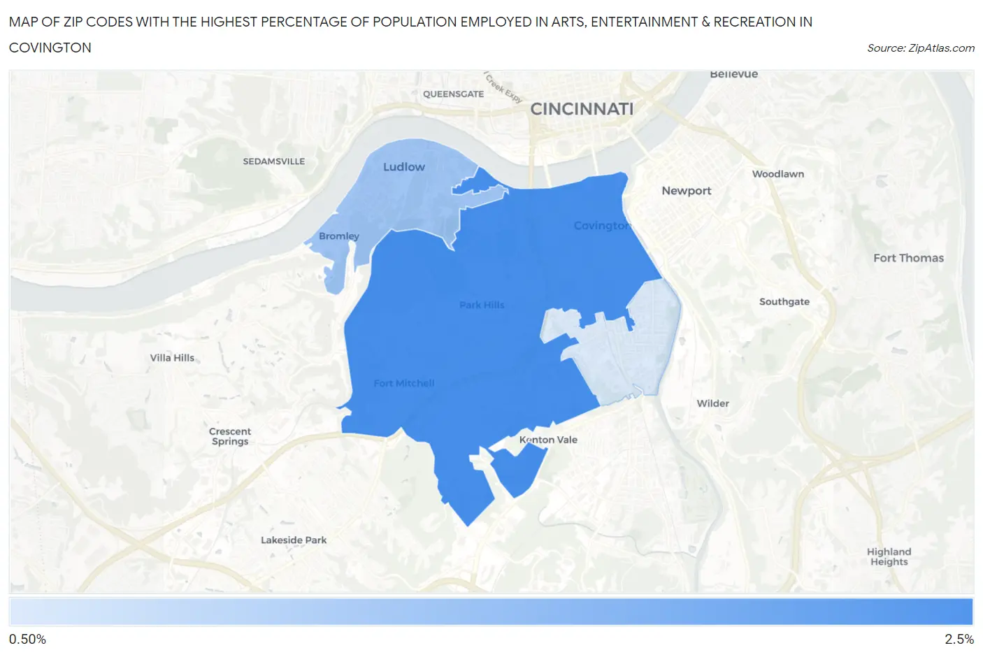 Zip Codes with the Highest Percentage of Population Employed in Arts, Entertainment & Recreation in Covington Map
