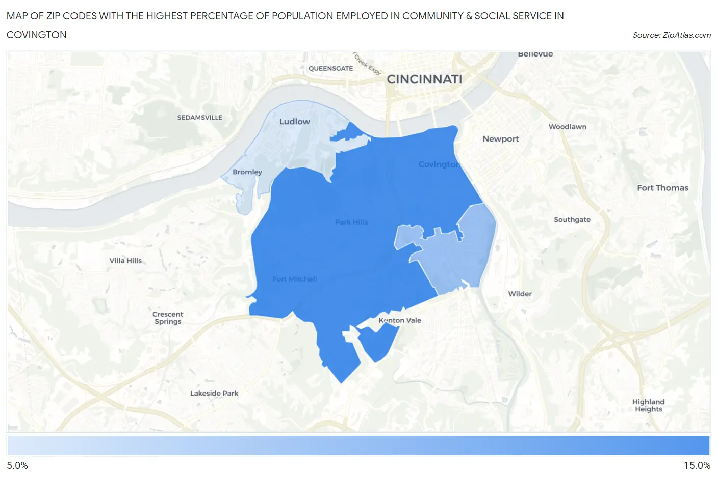 Zip Codes with the Highest Percentage of Population Employed in Community & Social Service  in Covington Map