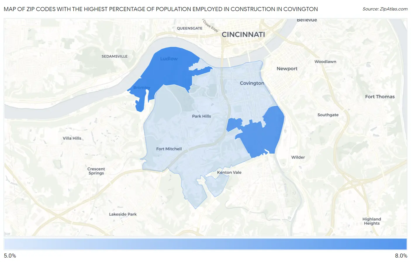 Zip Codes with the Highest Percentage of Population Employed in Construction in Covington Map