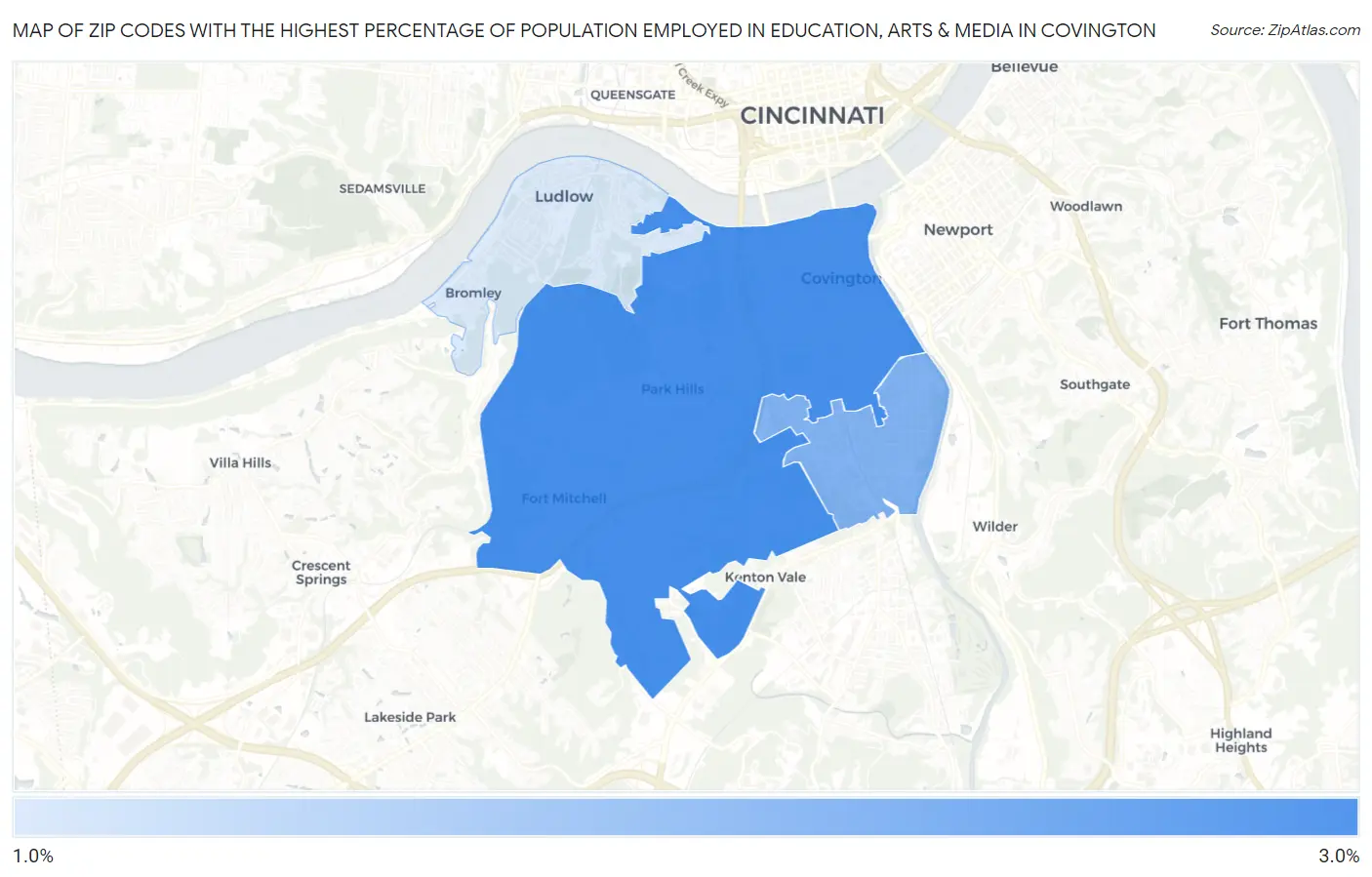 Zip Codes with the Highest Percentage of Population Employed in Education, Arts & Media in Covington Map