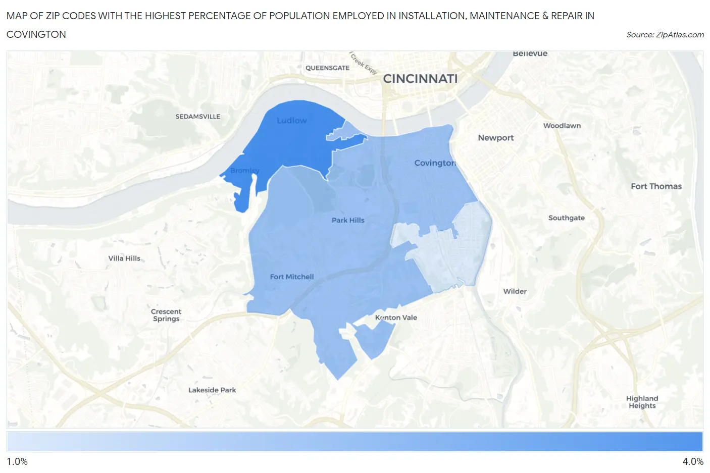 Zip Codes with the Highest Percentage of Population Employed in Installation, Maintenance & Repair in Covington Map