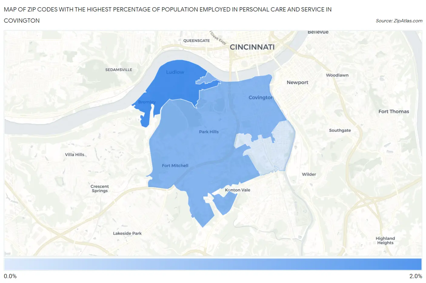 Zip Codes with the Highest Percentage of Population Employed in Personal Care and Service in Covington Map