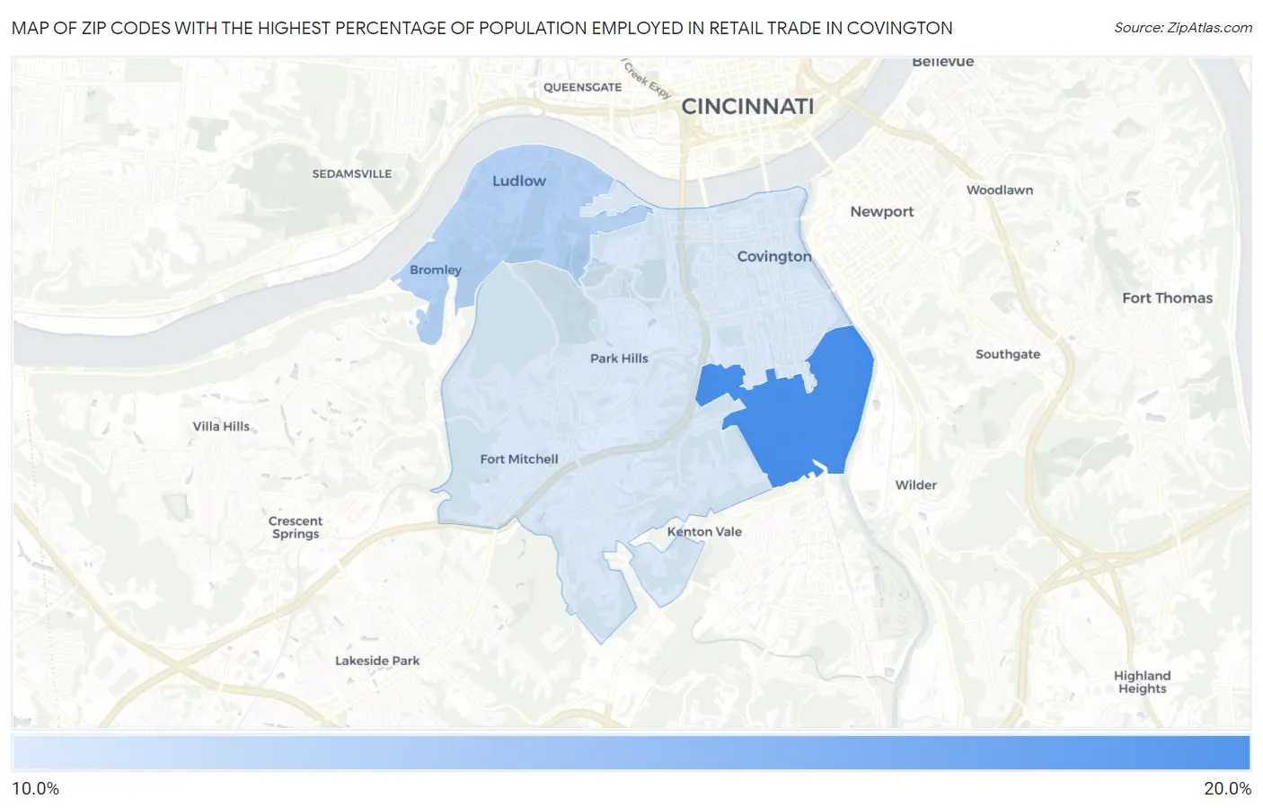 Zip Codes with the Highest Percentage of Population Employed in Retail Trade in Covington Map