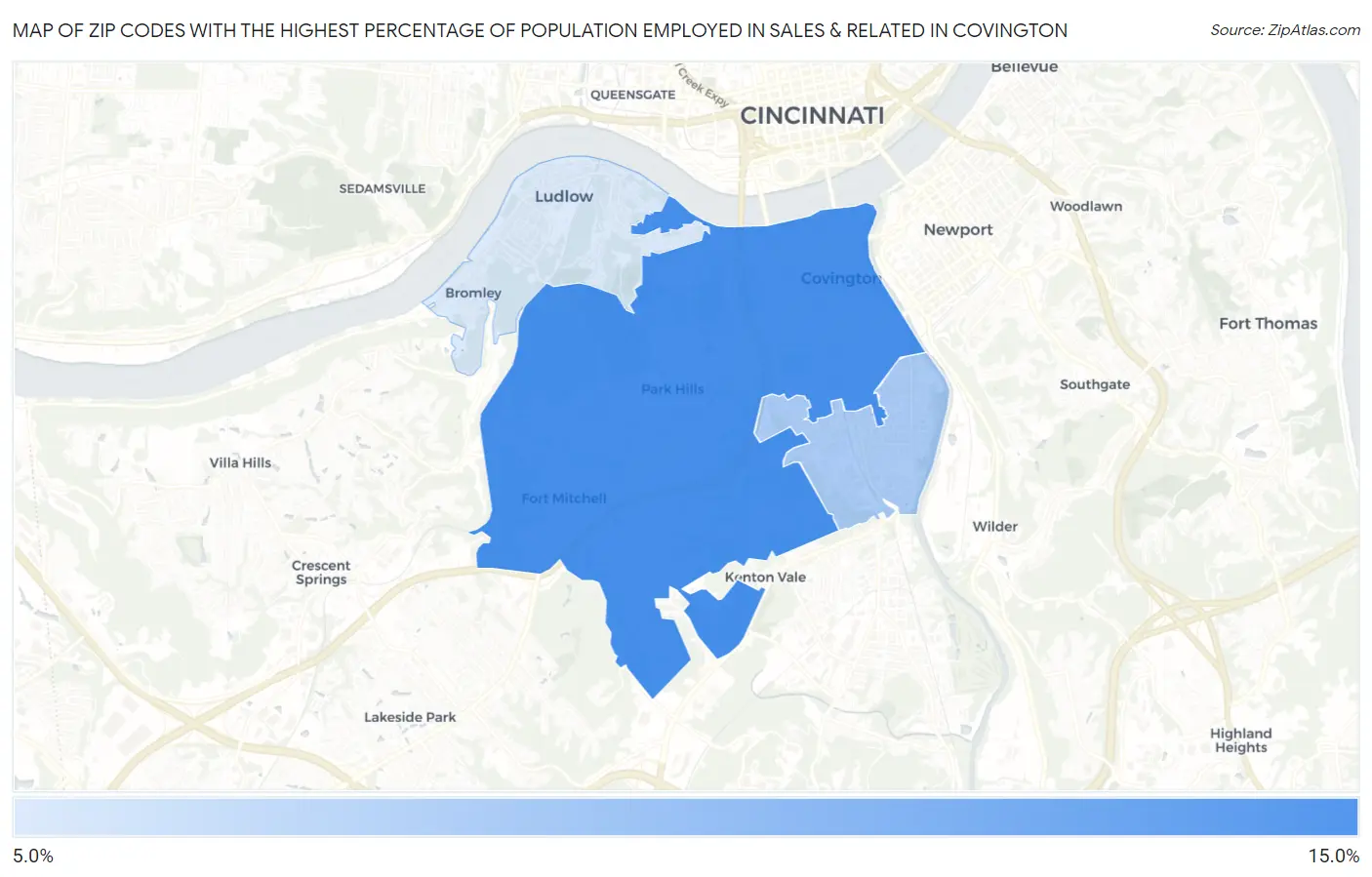Zip Codes with the Highest Percentage of Population Employed in Sales & Related in Covington Map