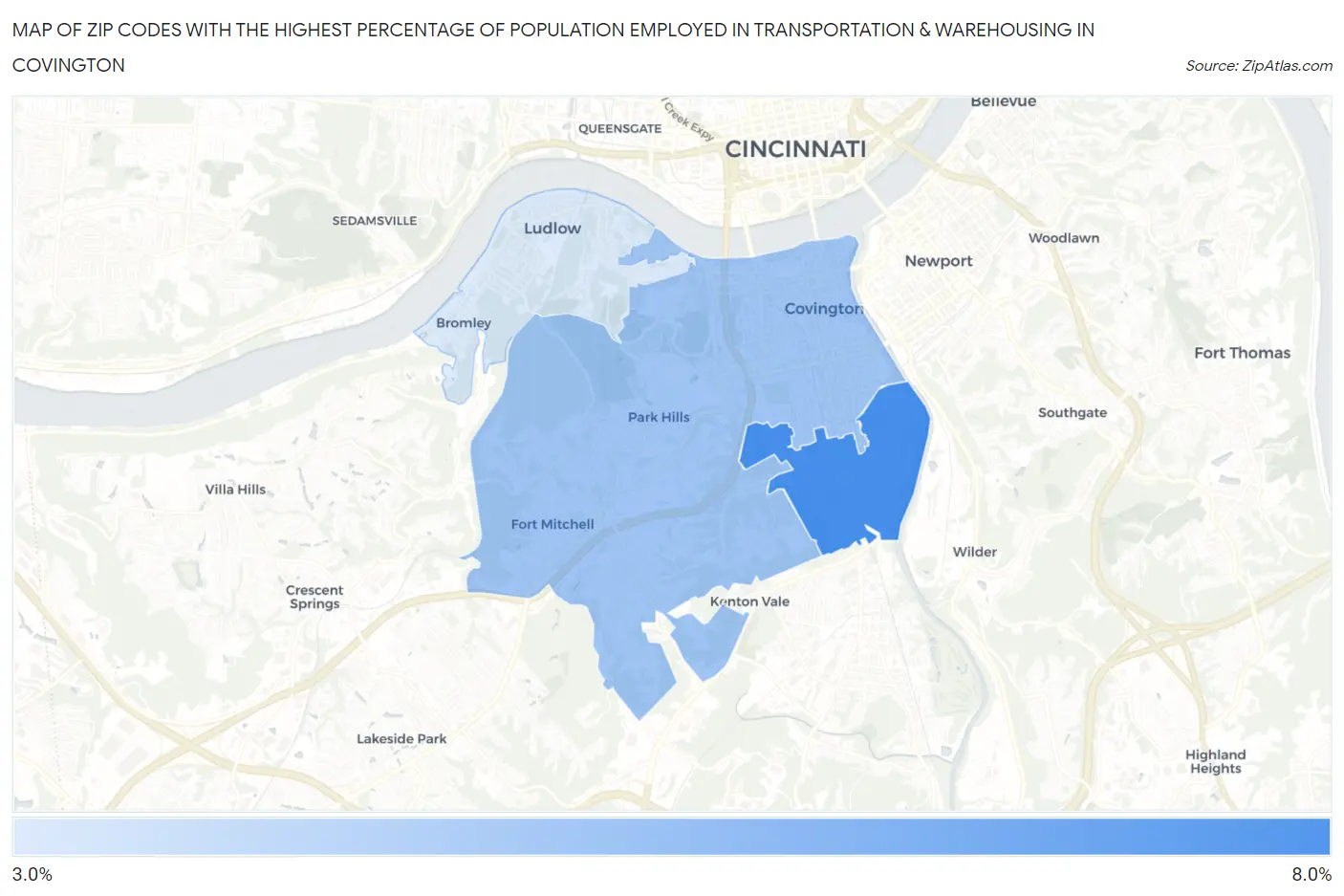 Zip Codes with the Highest Percentage of Population Employed in Transportation & Warehousing in Covington Map
