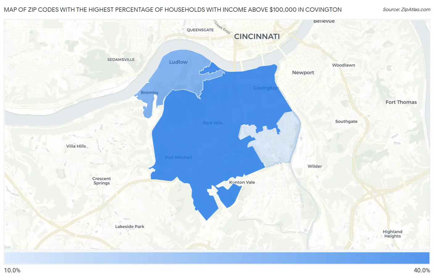 Zip Codes with the Highest Percentage of Households with Income Above $100,000 in Covington Map