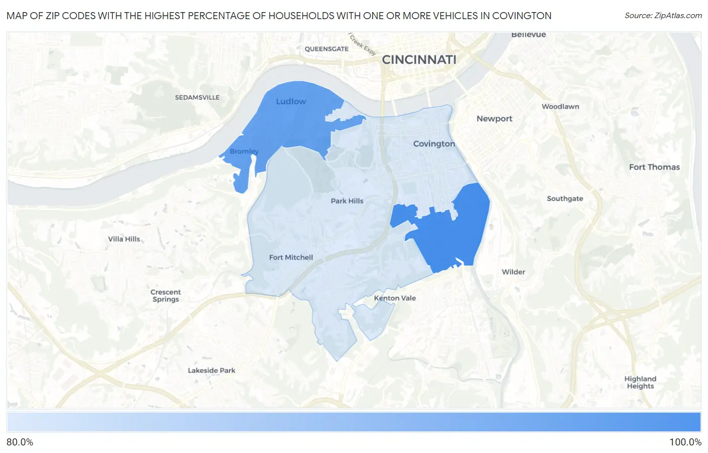 Zip Codes with the Highest Percentage of Households With One or more Vehicles in Covington Map