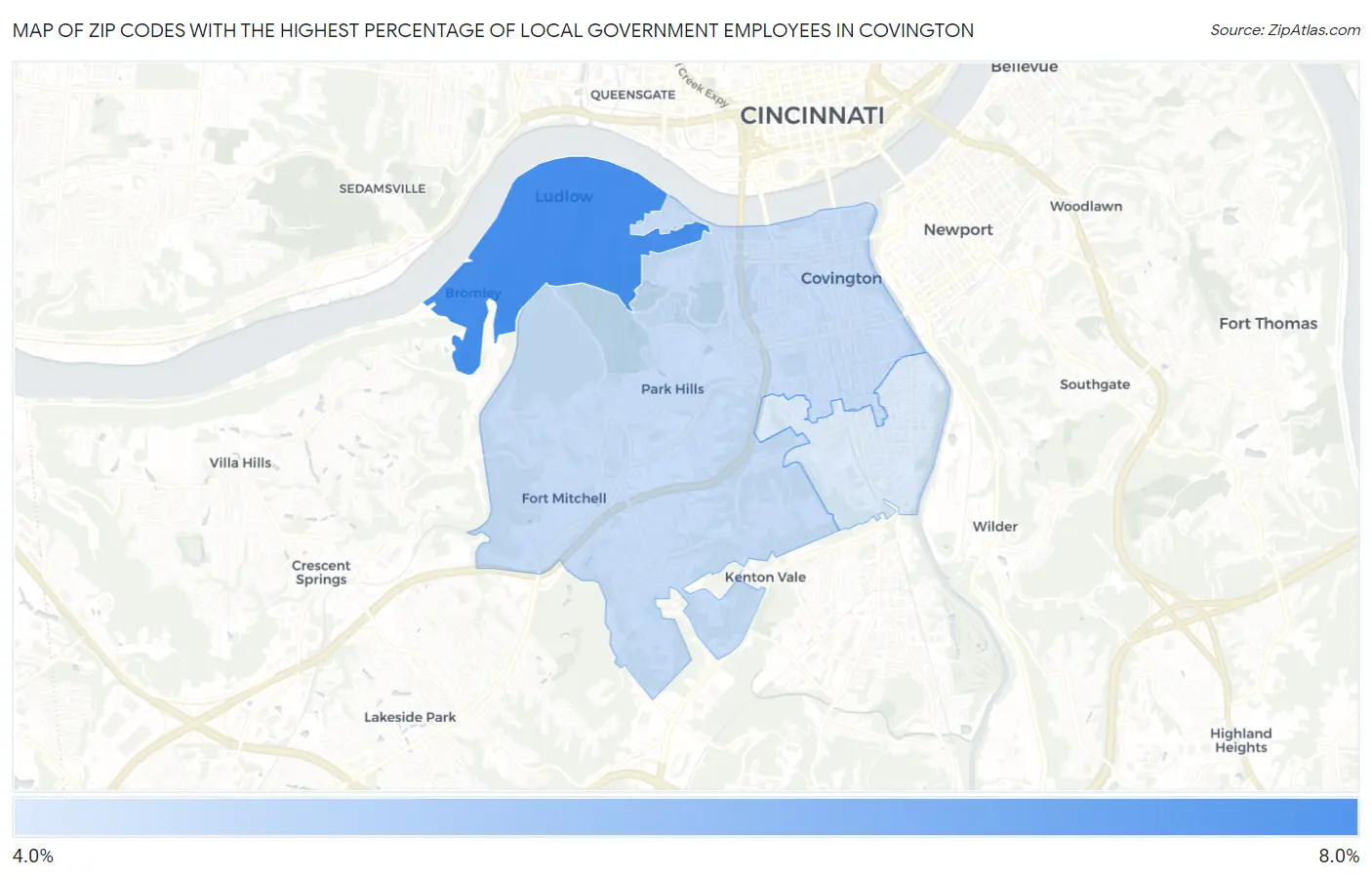 Zip Codes with the Highest Percentage of Local Government Employees in Covington Map