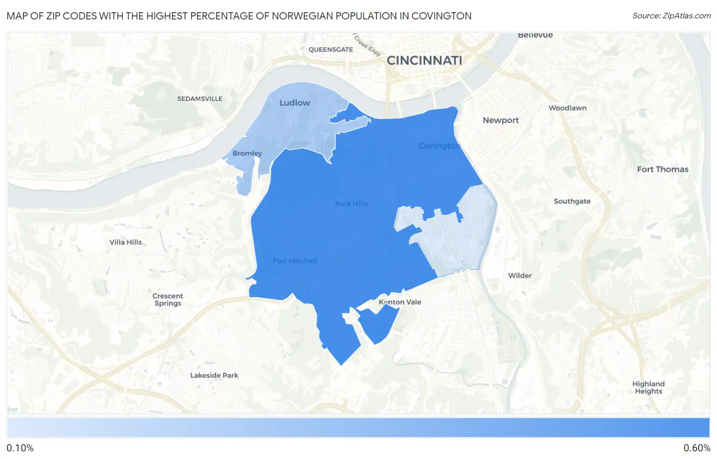 Zip Codes with the Highest Percentage of Norwegian Population in Covington Map