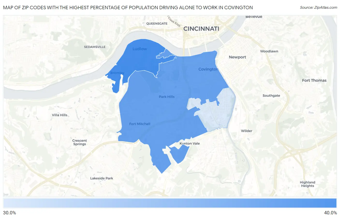 Zip Codes with the Highest Percentage of Population Driving Alone to Work in Covington Map