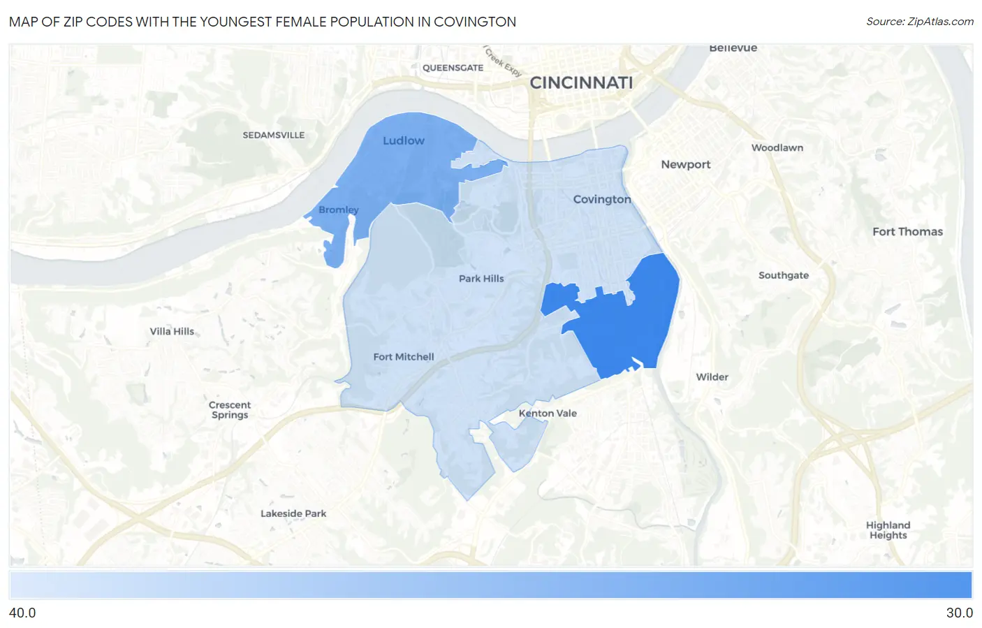 Zip Codes with the Youngest Female Population in Covington Map