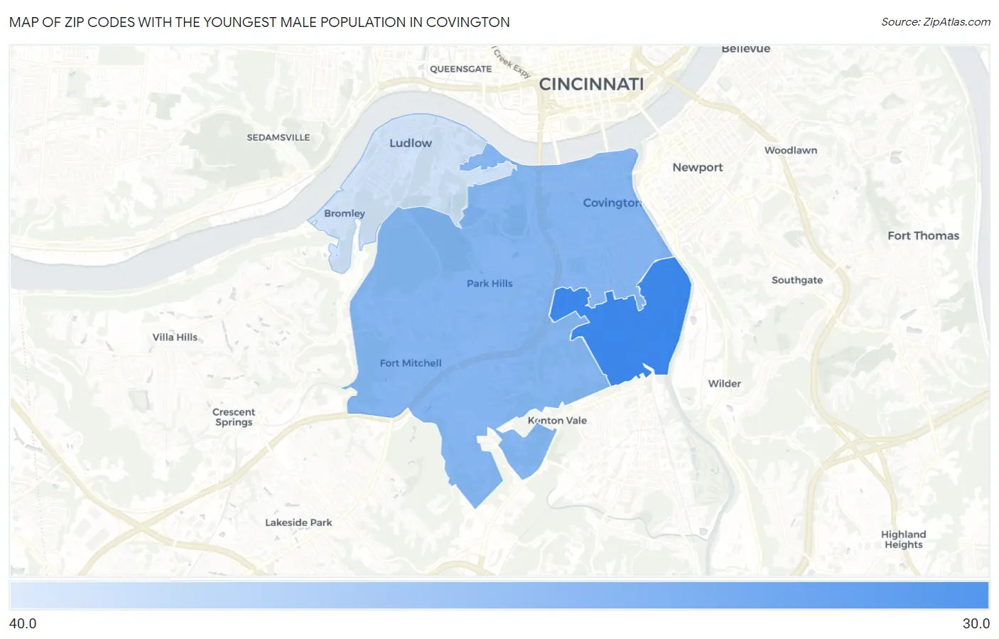 Zip Codes with the Youngest Male Population in Covington Map