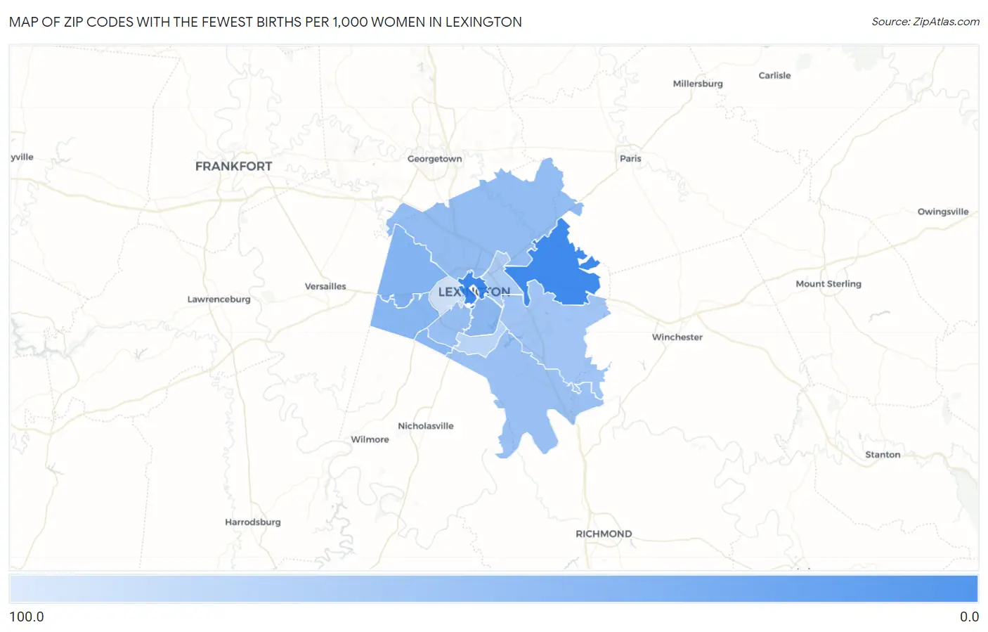 Zip Codes with the Fewest Births per 1,000 Women in Lexington Map