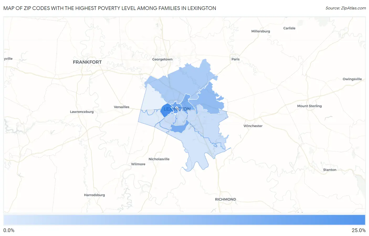 Zip Codes with the Highest Poverty Level Among Families in Lexington Map