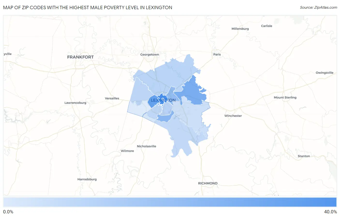 Zip Codes with the Highest Male Poverty Level in Lexington Map