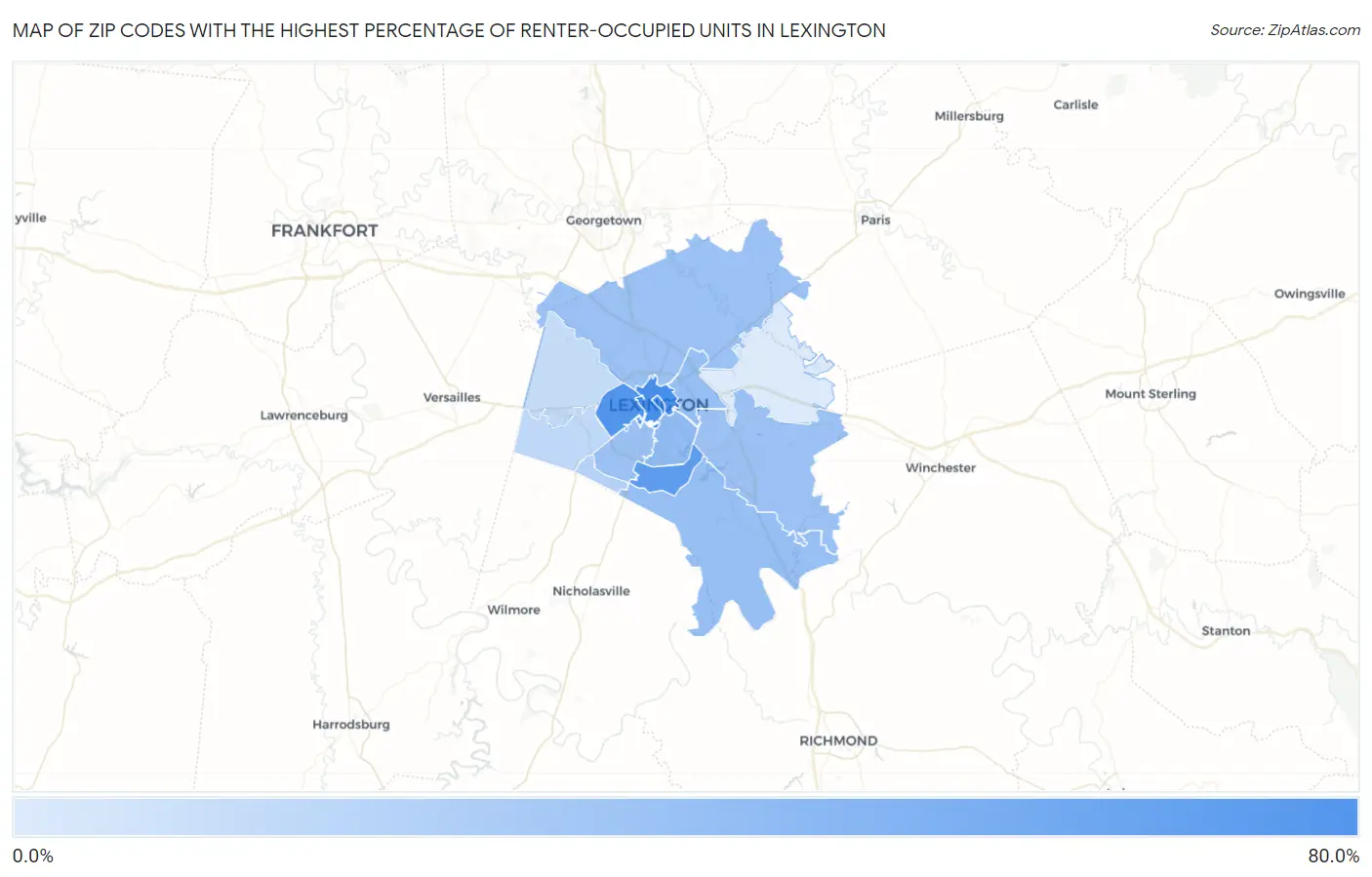 Zip Codes with the Highest Percentage of Renter-Occupied Units in Lexington Map