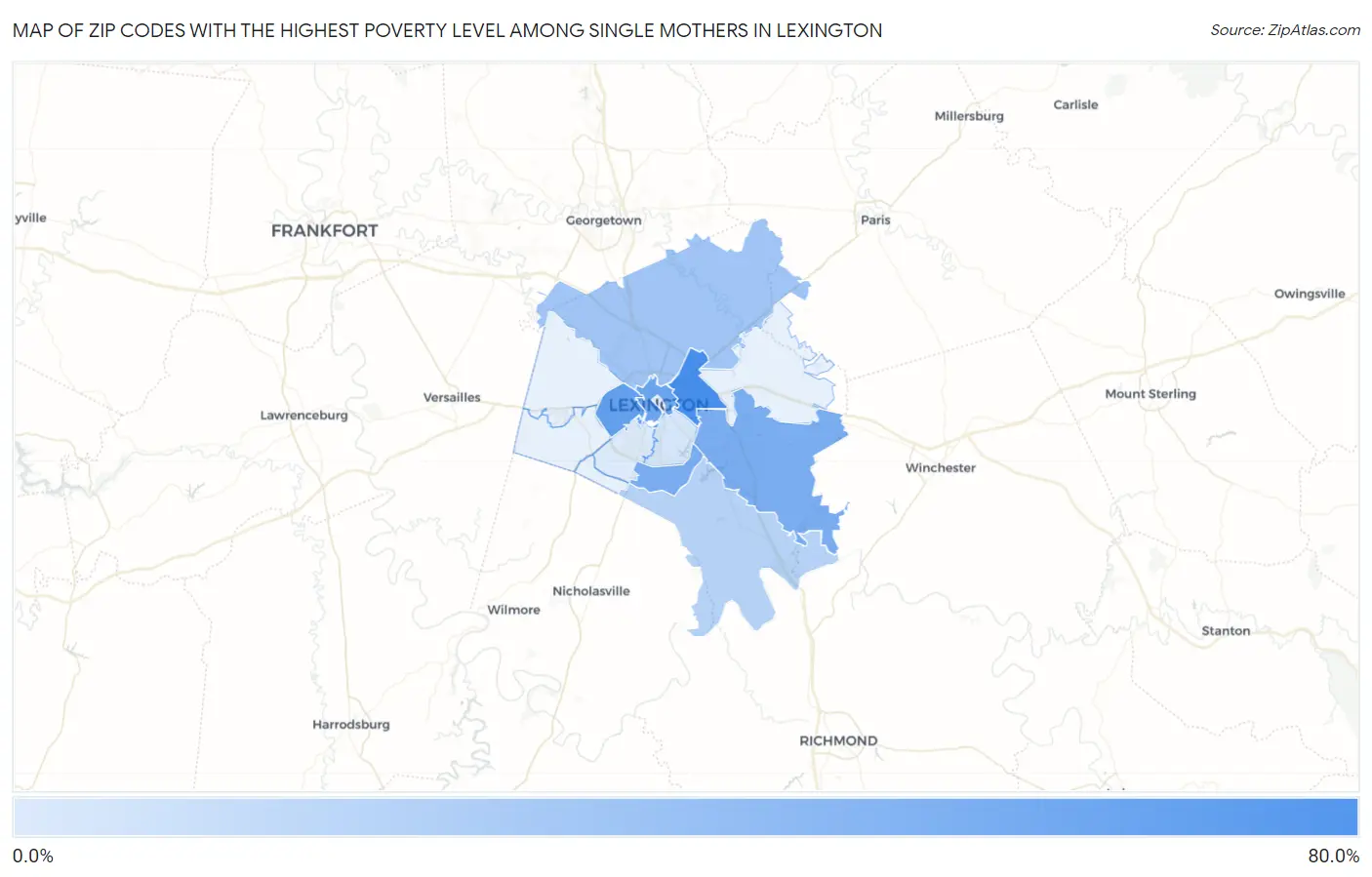 Zip Codes with the Highest Poverty Level Among Single Mothers in Lexington Map