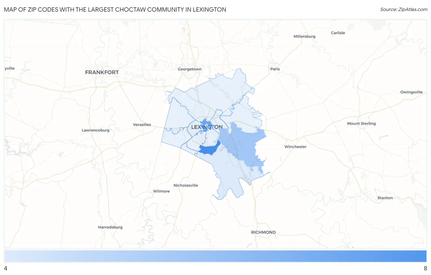 Zip Codes with the Largest Choctaw Community in Lexington Map