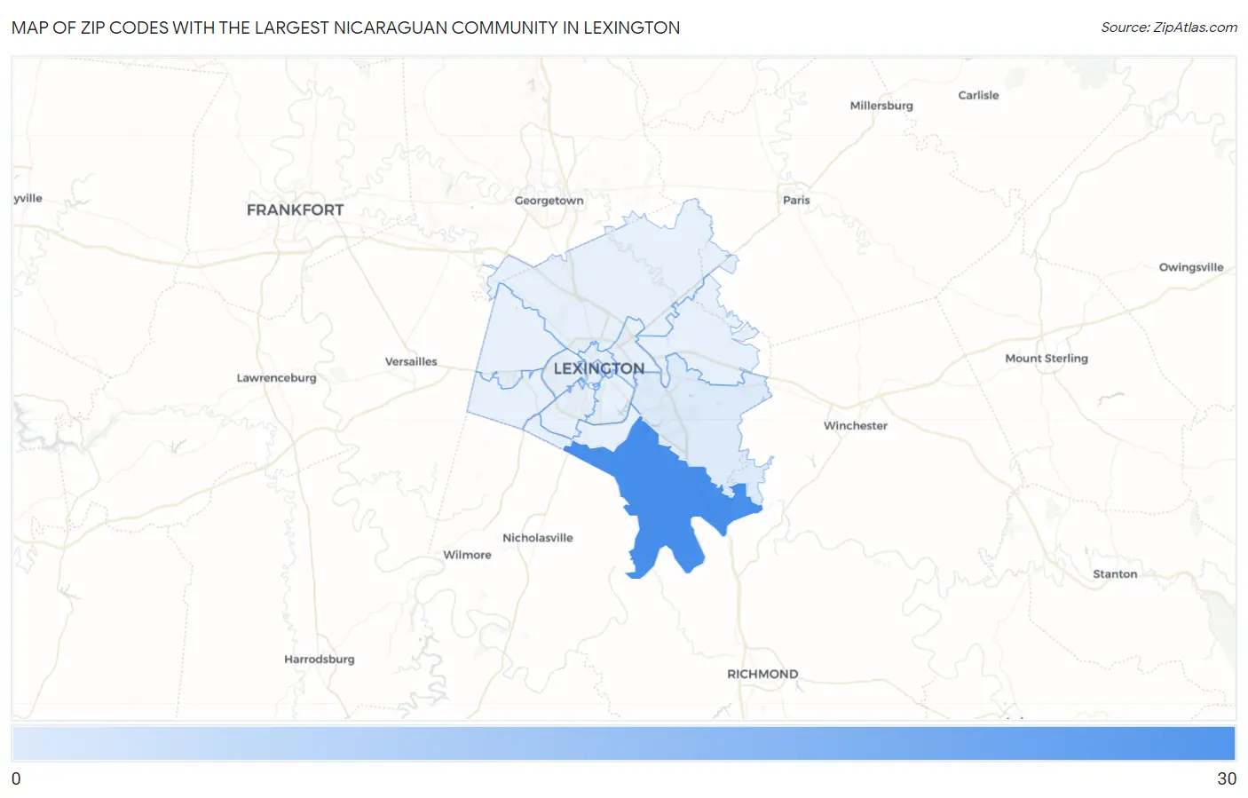 Zip Codes with the Largest Nicaraguan Community in Lexington Map