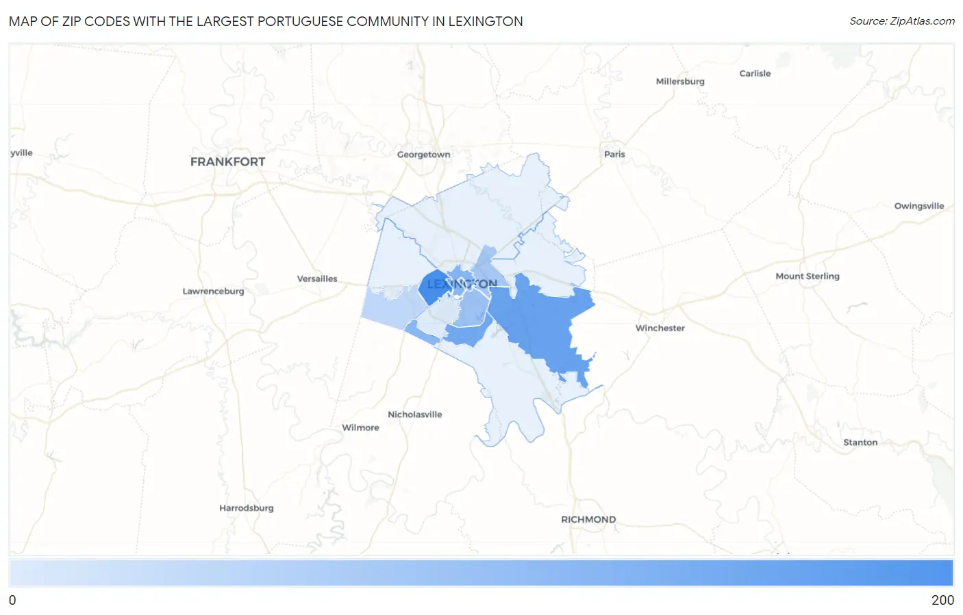 Zip Codes with the Largest Portuguese Community in Lexington Map