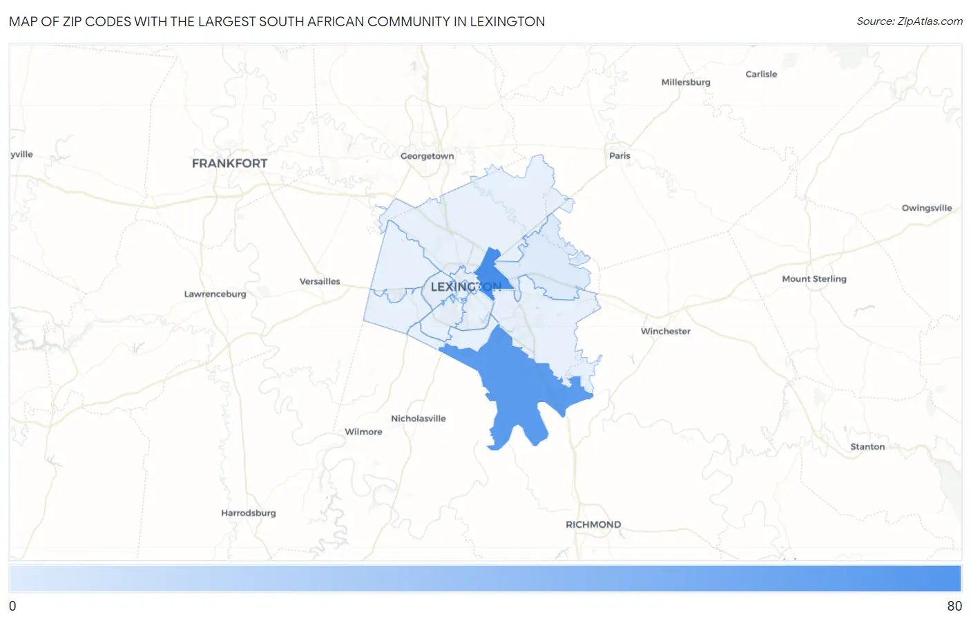 Zip Codes with the Largest South African Community in Lexington Map