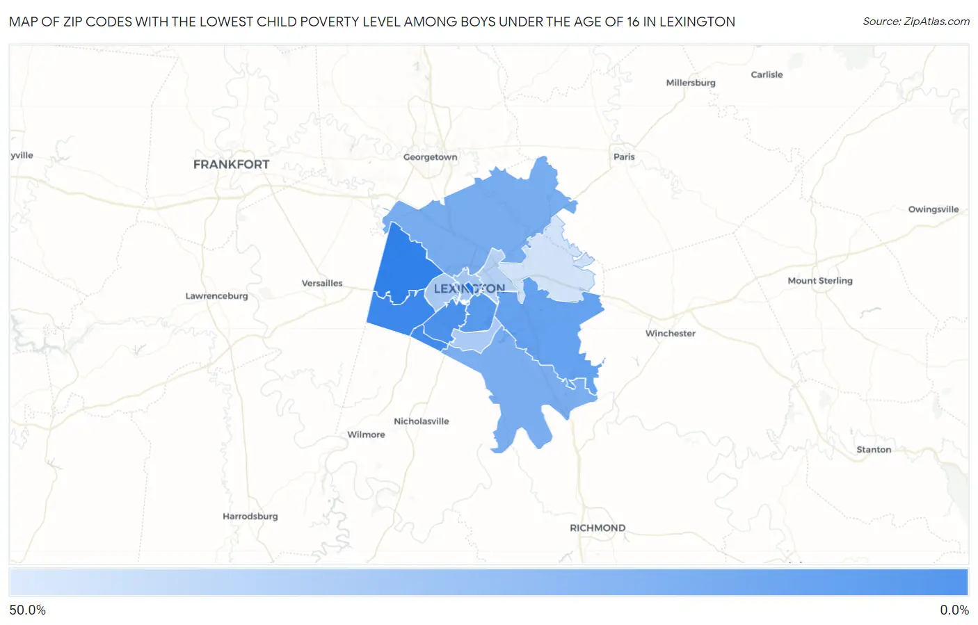 Zip Codes with the Lowest Child Poverty Level Among Boys Under the Age of 16 in Lexington Map