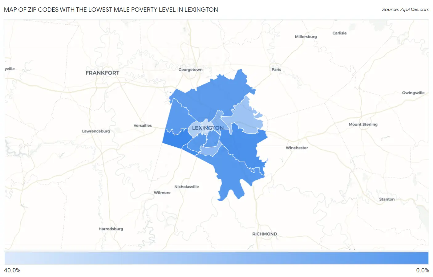 Zip Codes with the Lowest Male Poverty Level in Lexington Map