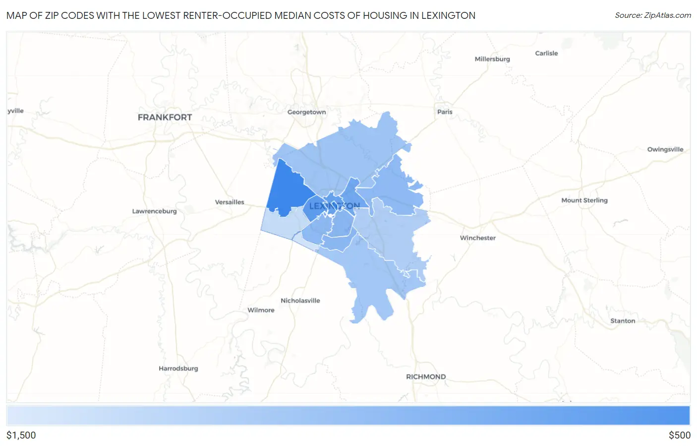 Zip Codes with the Lowest Renter-Occupied Median Costs of Housing in Lexington Map