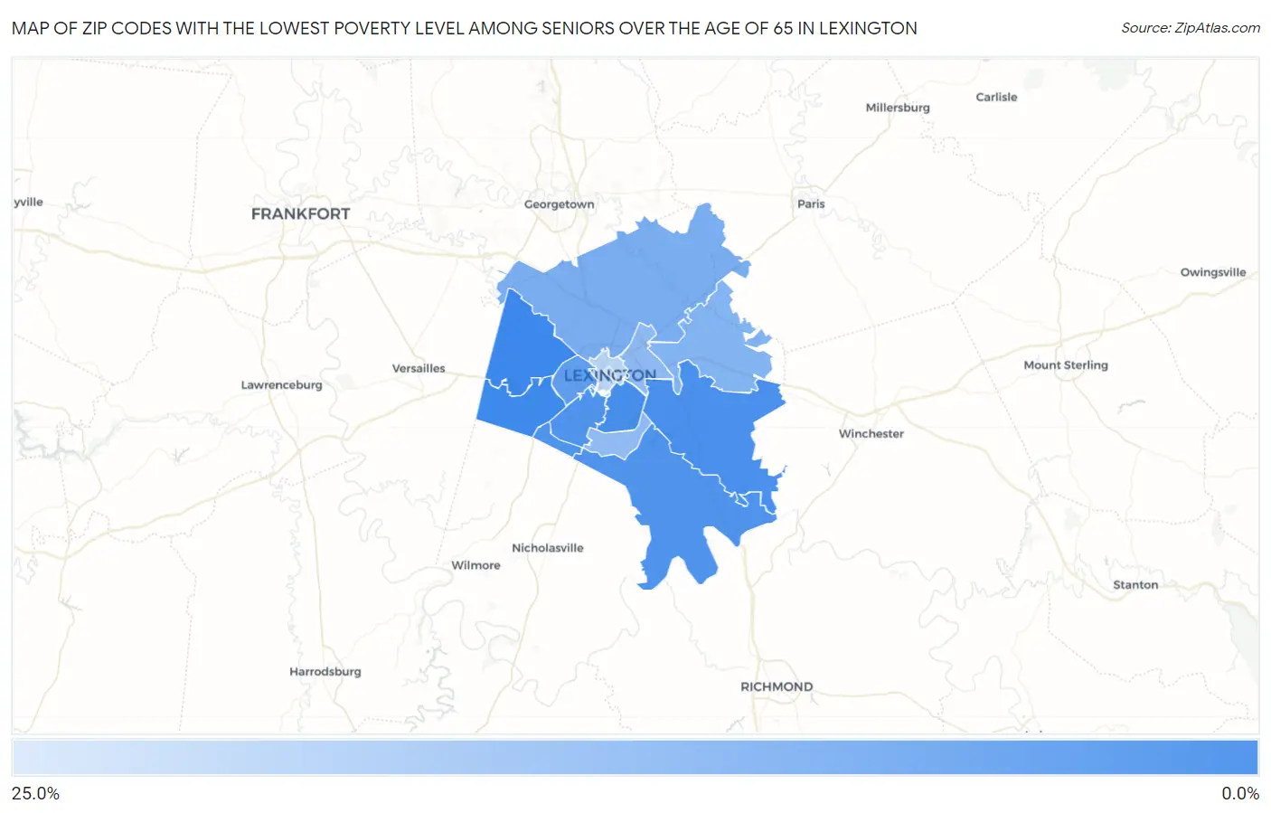 Zip Codes with the Lowest Poverty Level Among Seniors Over the Age of 65 in Lexington Map