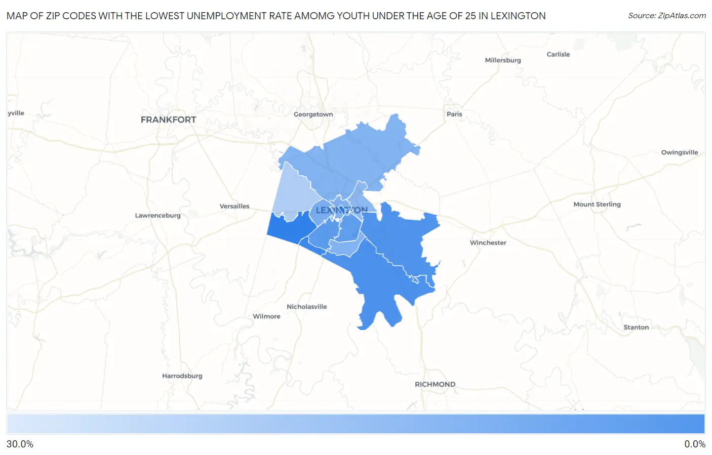 Zip Codes with the Lowest Unemployment Rate Amomg Youth Under the Age of 25 in Lexington Map
