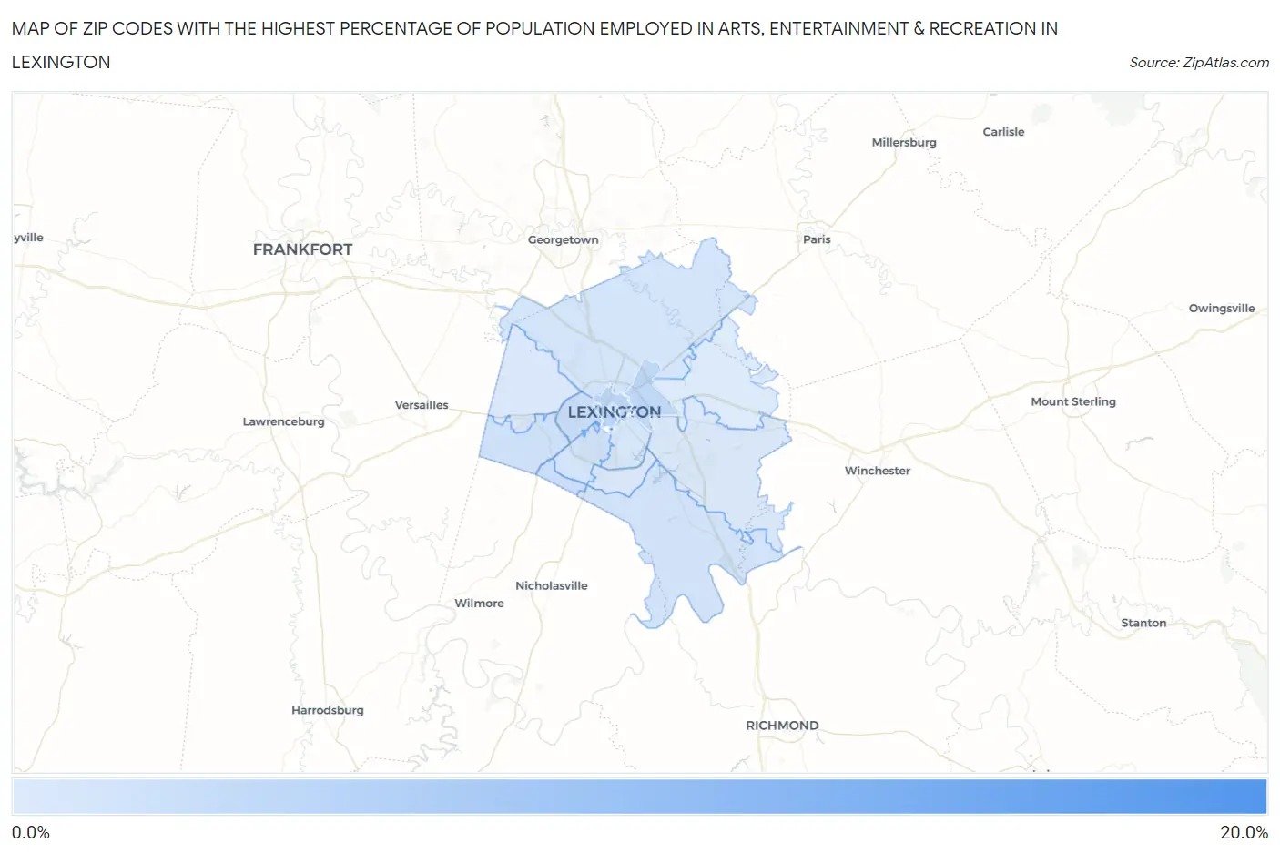 Zip Codes with the Highest Percentage of Population Employed in Arts, Entertainment & Recreation in Lexington Map