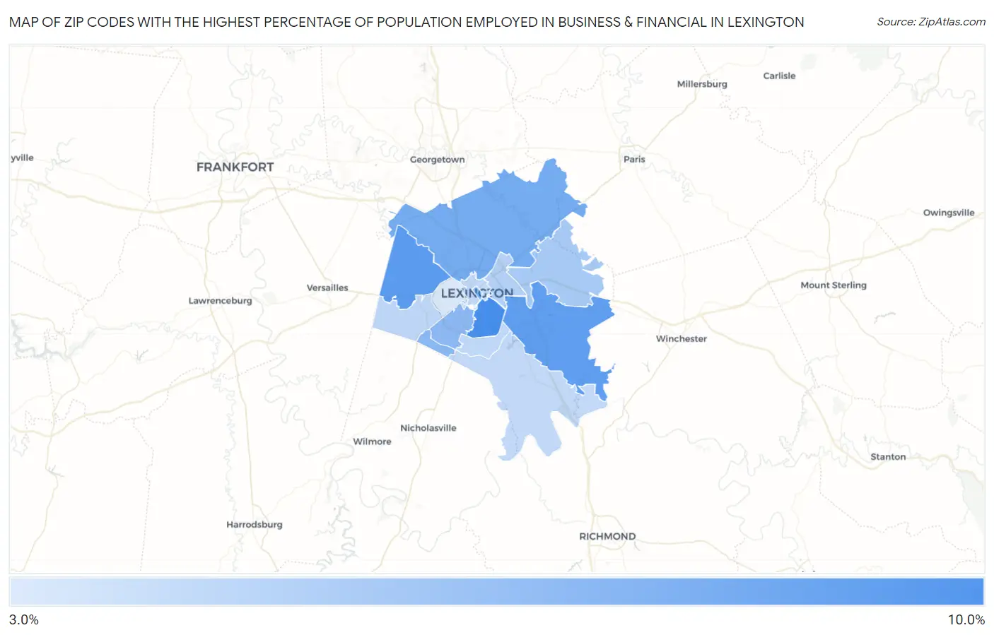 Zip Codes with the Highest Percentage of Population Employed in Business & Financial in Lexington Map