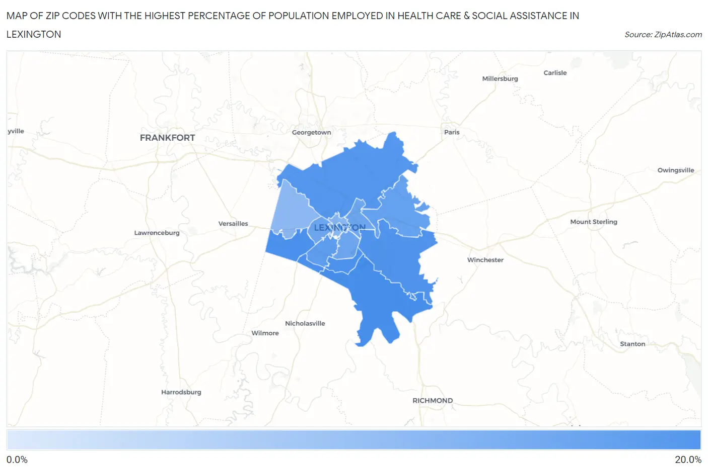 Zip Codes with the Highest Percentage of Population Employed in Health Care & Social Assistance in Lexington Map