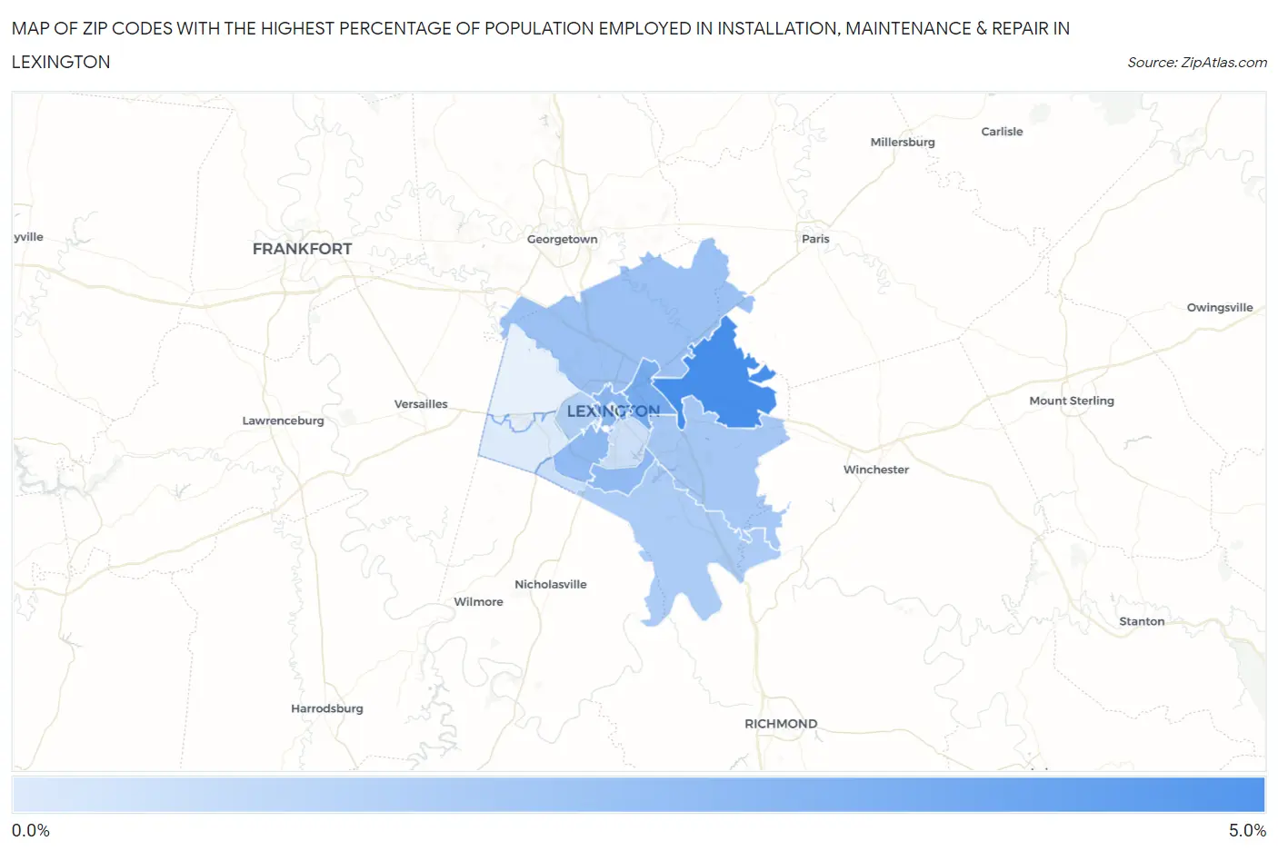Zip Codes with the Highest Percentage of Population Employed in Installation, Maintenance & Repair in Lexington Map