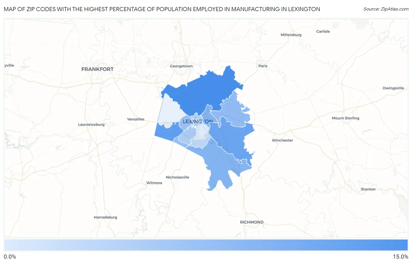 Zip Codes with the Highest Percentage of Population Employed in Manufacturing in Lexington Map