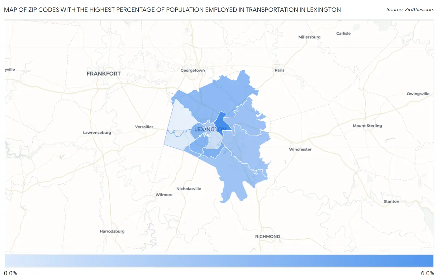 Zip Codes with the Highest Percentage of Population Employed in Transportation in Lexington Map