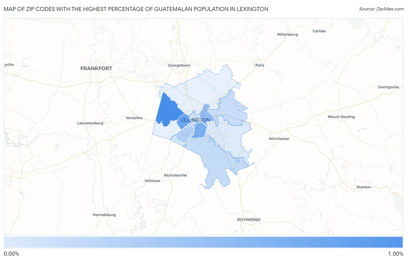 Zip Codes with the Highest Percentage of Guatemalan Population in Lexington Map