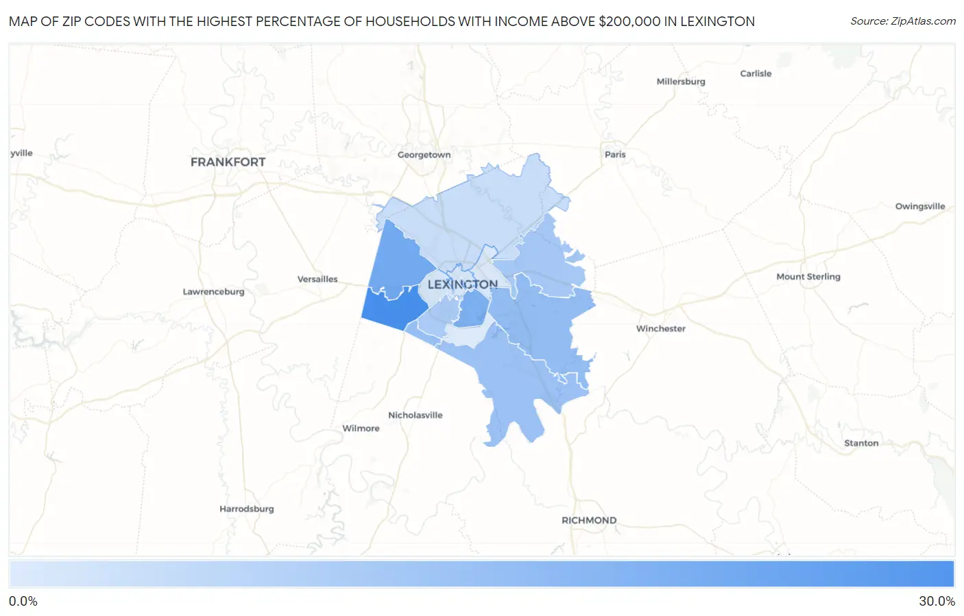 Zip Codes with the Highest Percentage of Households with Income Above $200,000 in Lexington Map