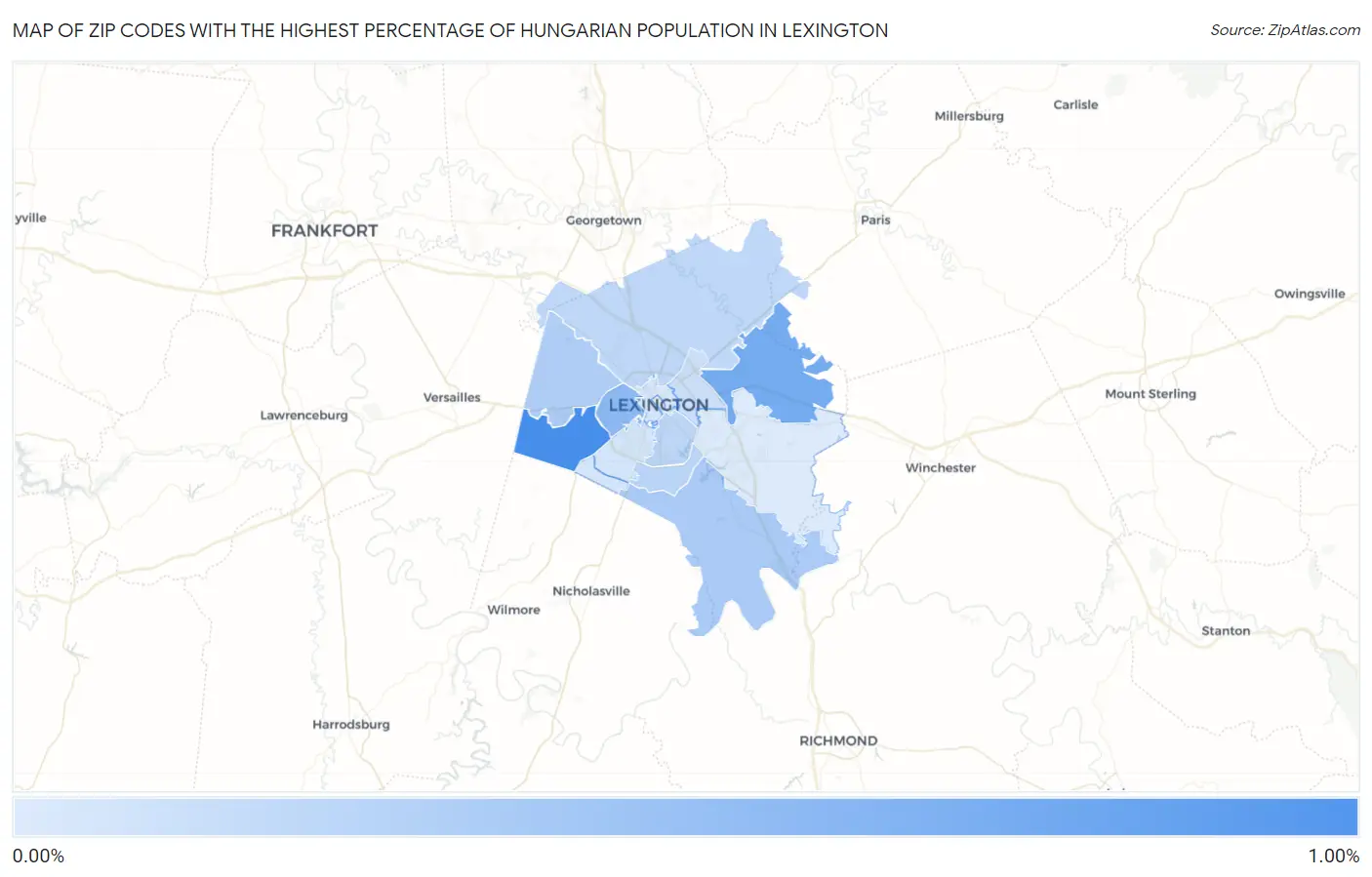 Zip Codes with the Highest Percentage of Hungarian Population in Lexington Map