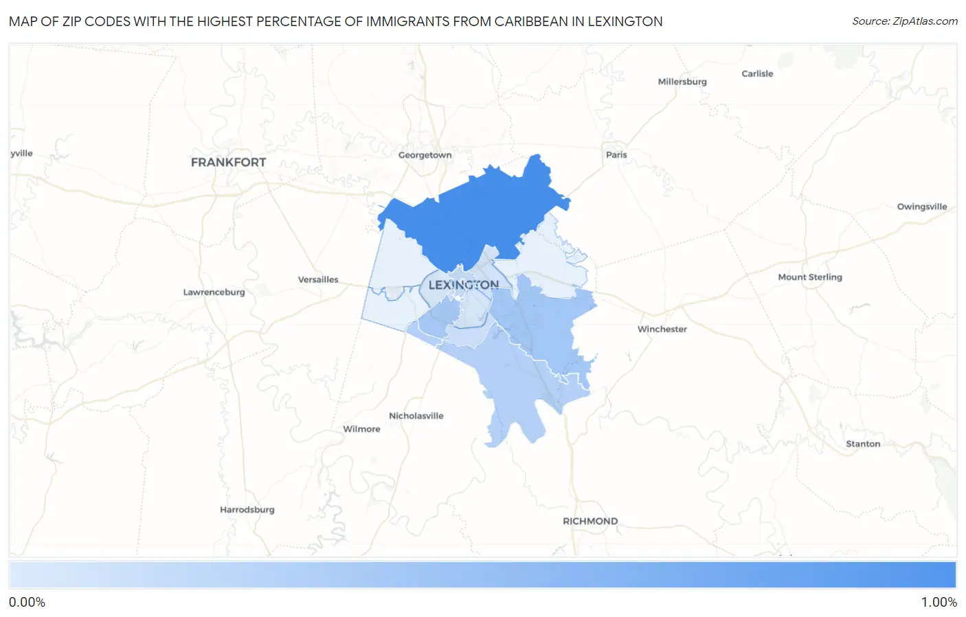 Zip Codes with the Highest Percentage of Immigrants from Caribbean in Lexington Map