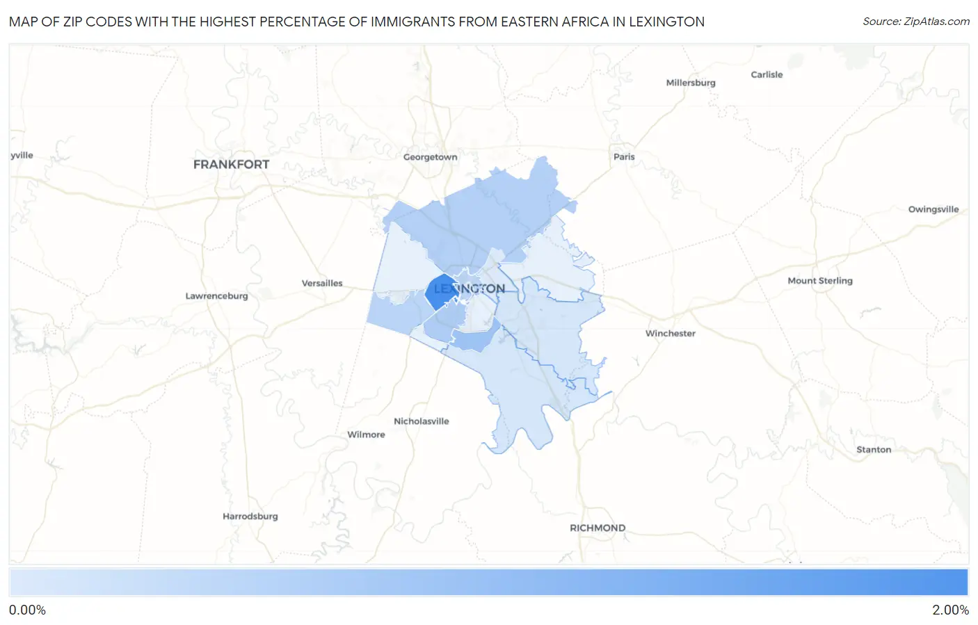 Zip Codes with the Highest Percentage of Immigrants from Eastern Africa in Lexington Map