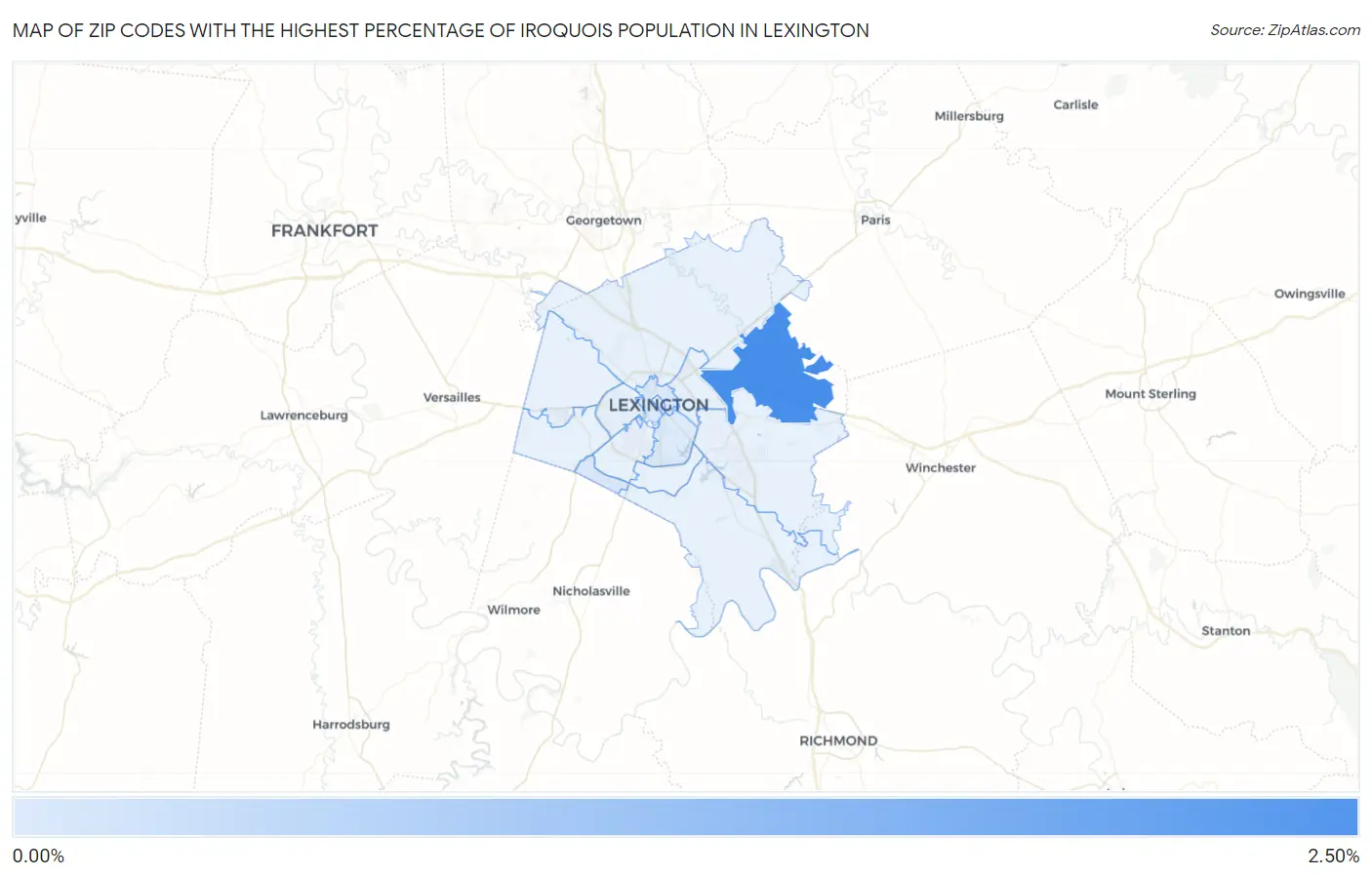 Zip Codes with the Highest Percentage of Iroquois Population in Lexington Map