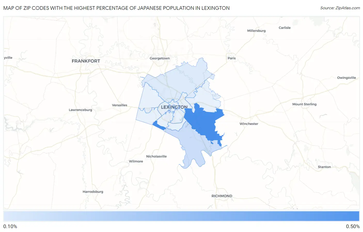 Zip Codes with the Highest Percentage of Japanese Population in Lexington Map