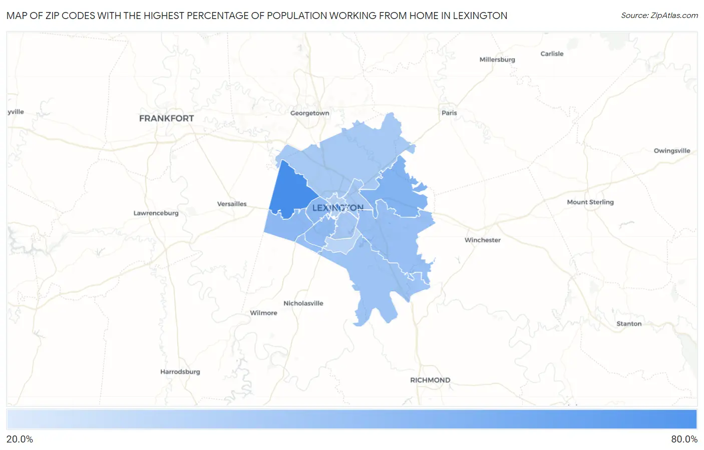 Zip Codes with the Highest Percentage of Population Working from Home in Lexington Map